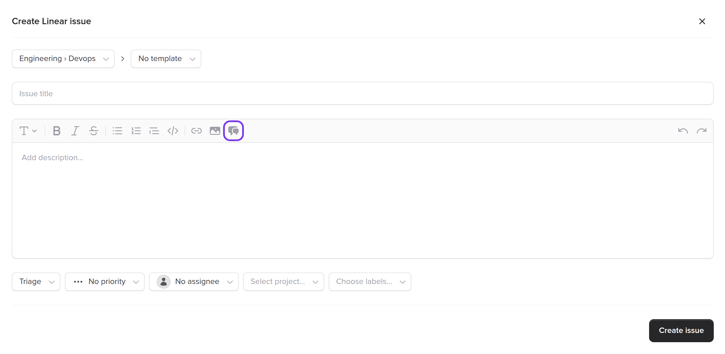 Create Linear issue form showing the rich text toolbar with the Select messages button