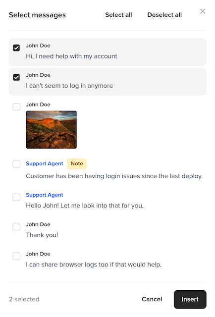 Message picker dialog showing a conversation with selectable messages including text, images, and internal notes