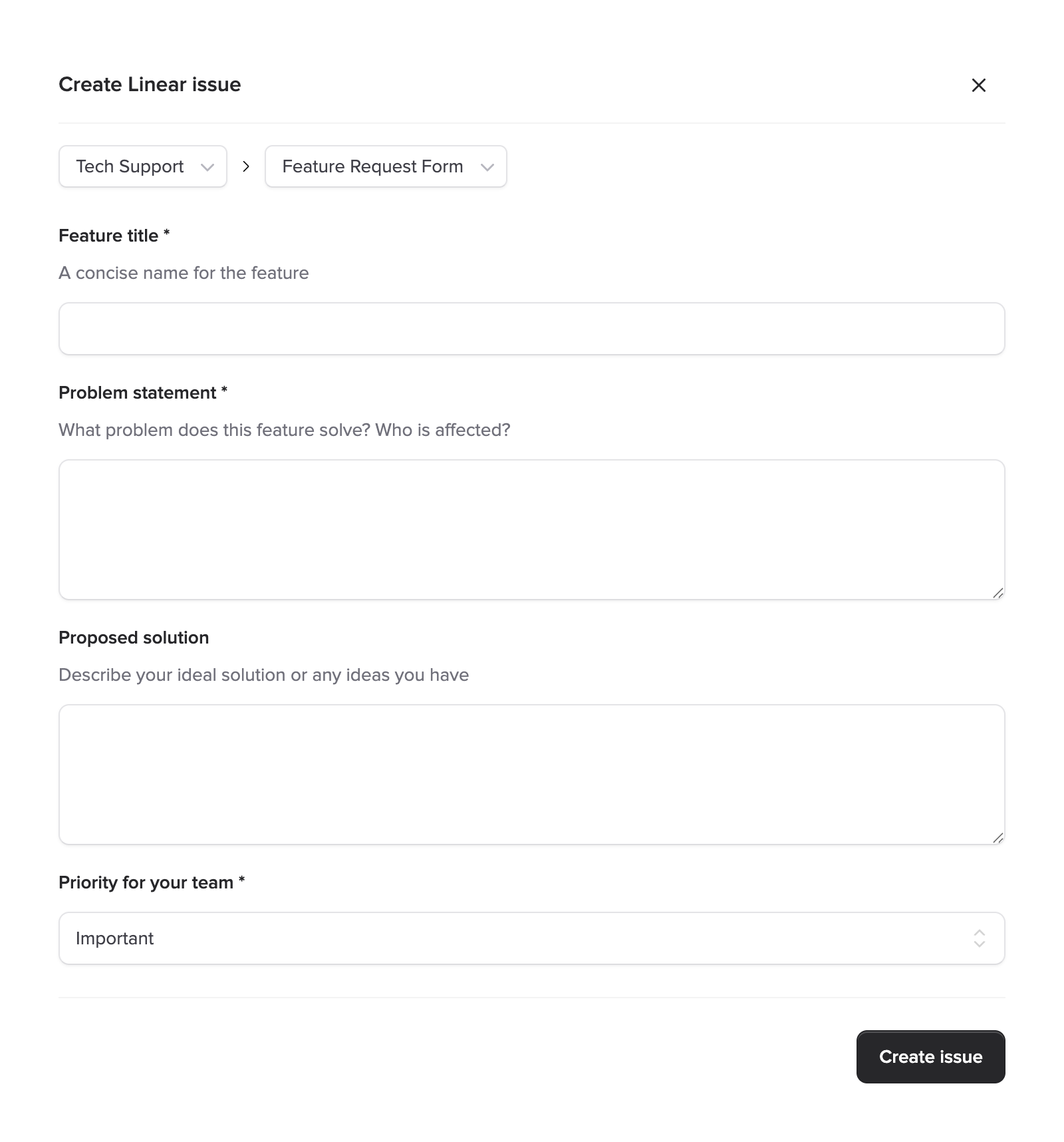 Feature Request Form template with custom fields including text inputs, textareas, and a priority dropdown