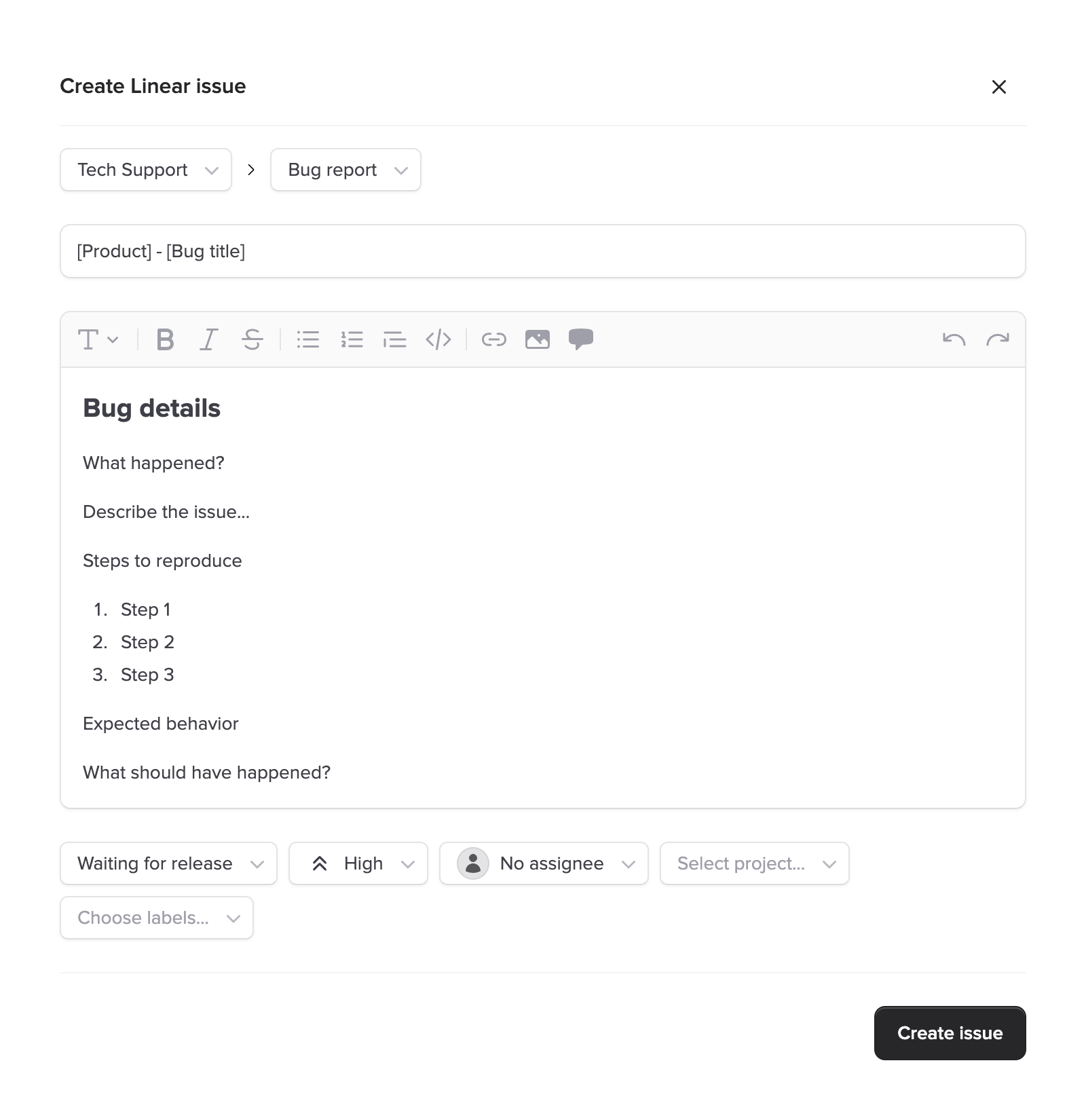 Bug report issue template selected with pre-filled title, description, state, and labels