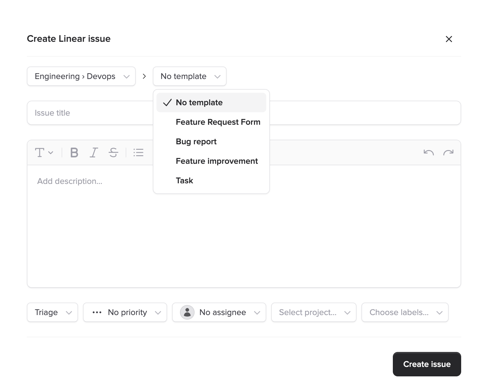 Template selection dropdown in Ticket Manager showing available issue templates and form templates