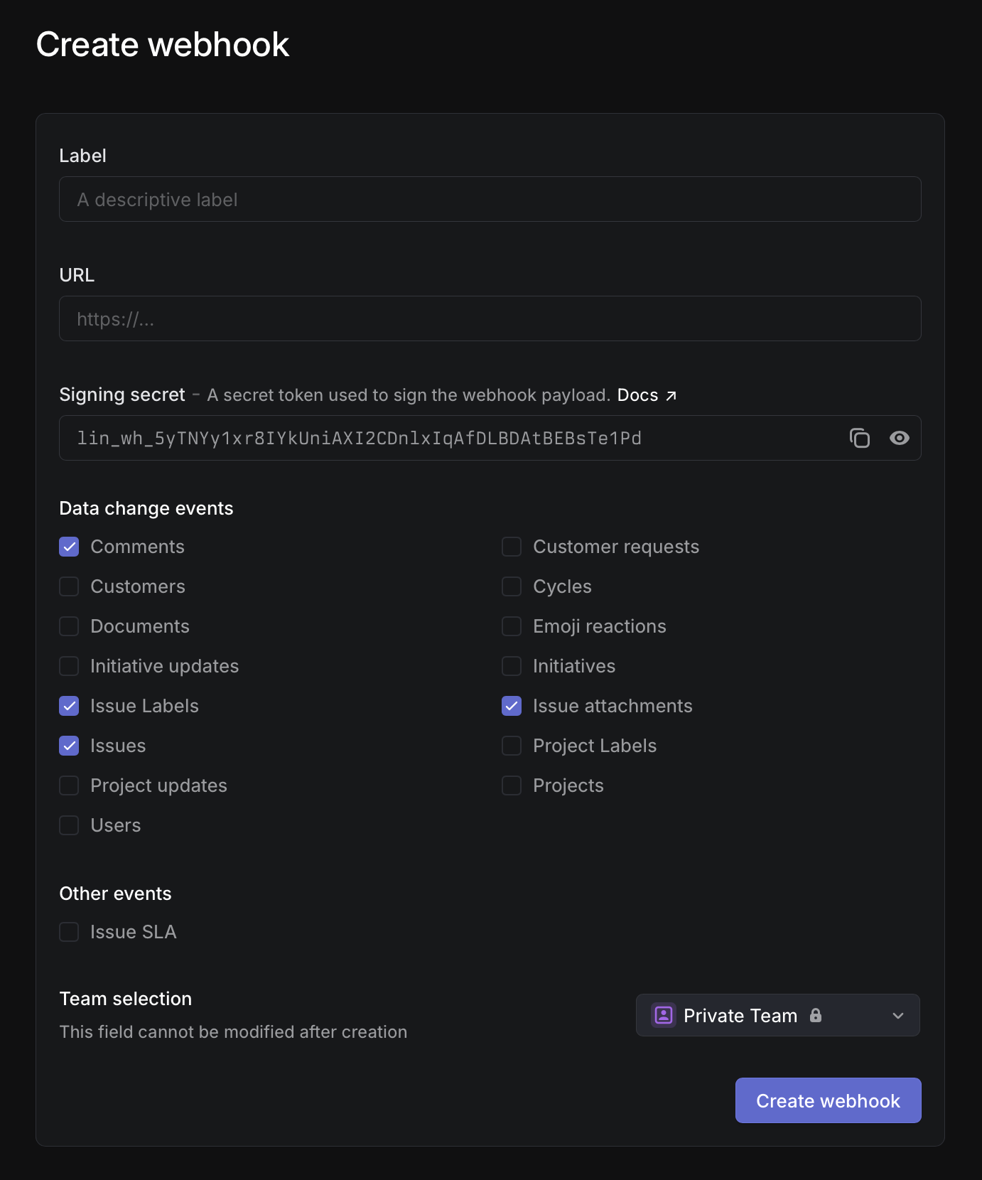 Linear Webhook Creation Form