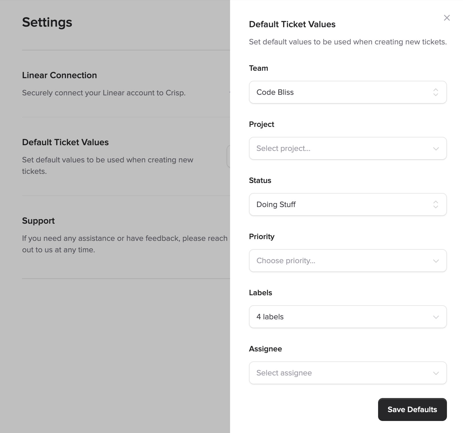 Configure Defaults Modal
