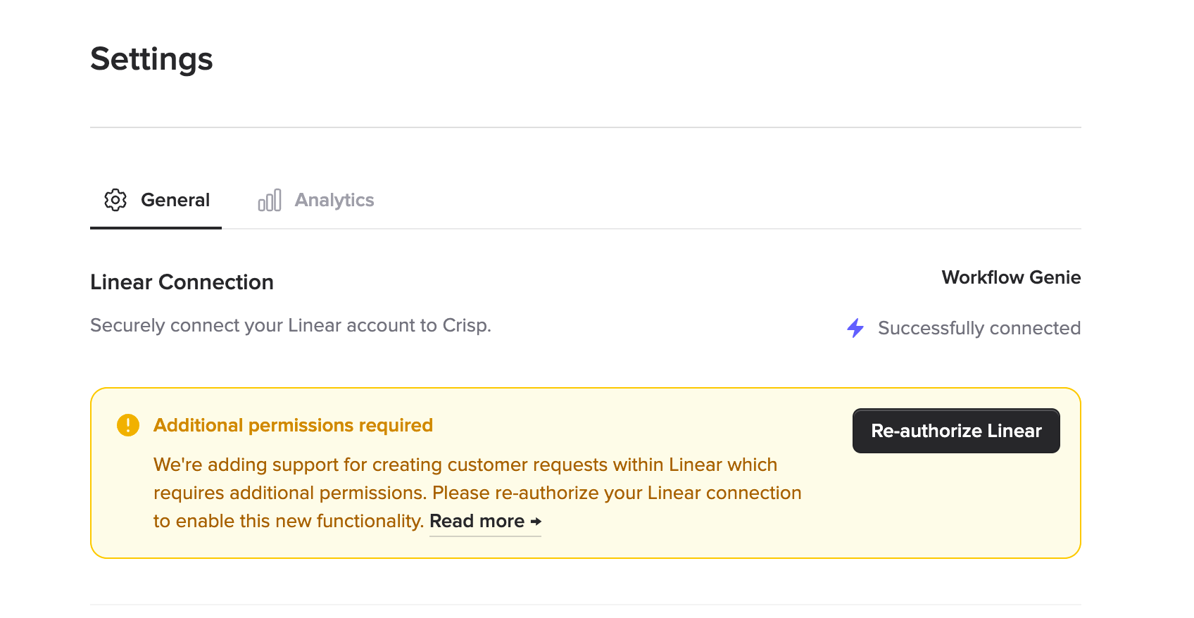Ticket Manager settings page showing the additional permissions required banner with a Re-authorize Linear button