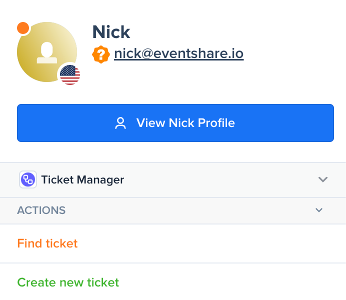 Crisp sidebar showing visitor Nick with email nick@eventshare.io and Ticket Manager actions