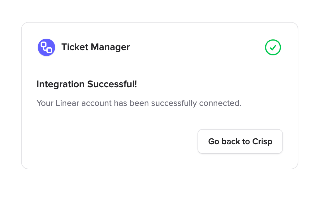 Integration successful confirmation page with a Go back to Crisp button