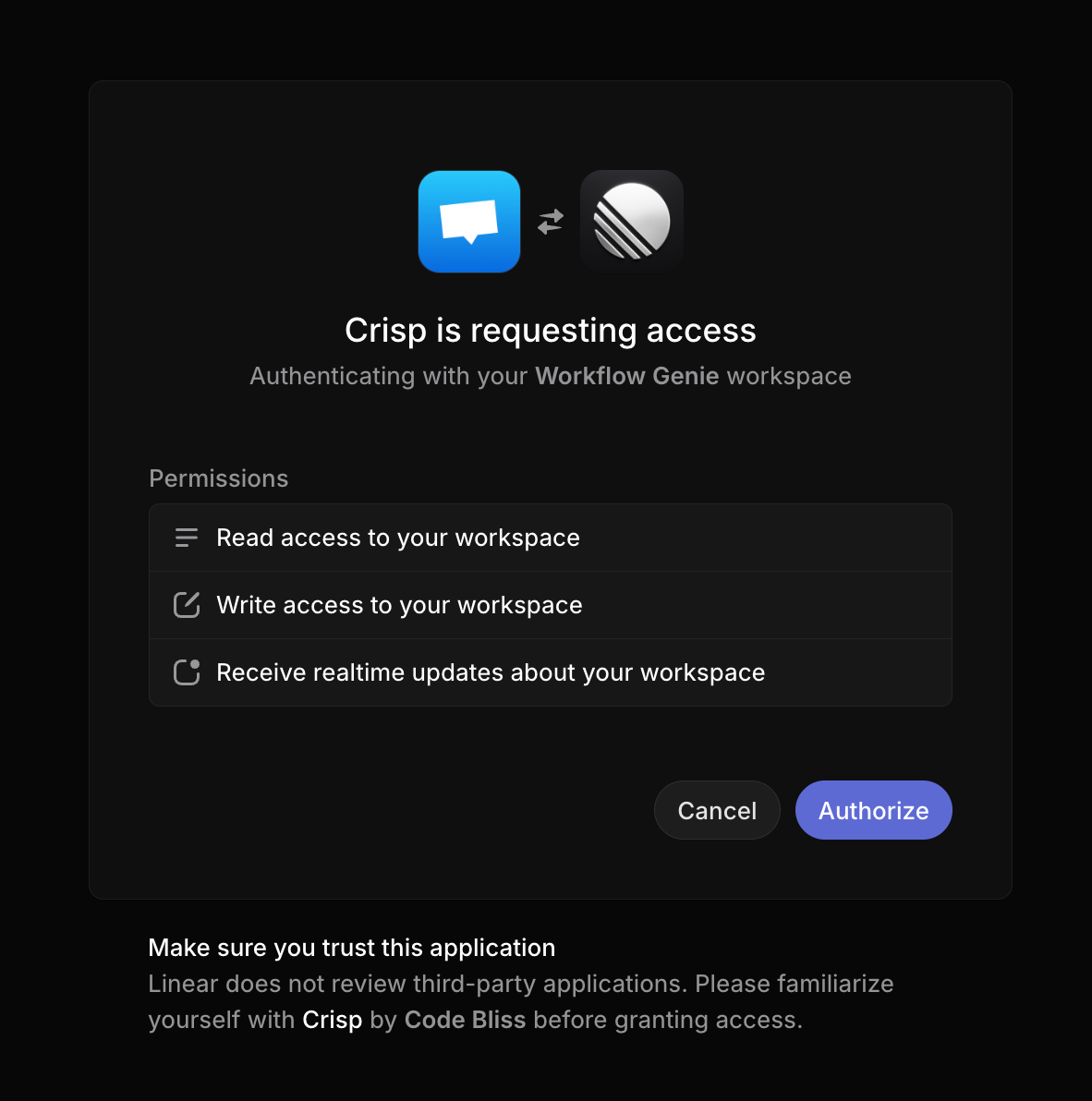 Linear OAuth authorization page showing read access, write access, and realtime updates permissions