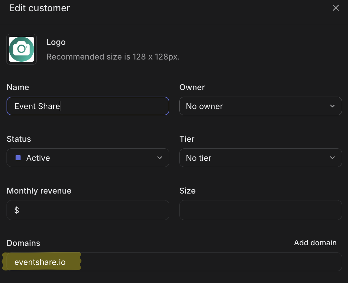 Linear customer edit page showing domains section with eventshare.io added